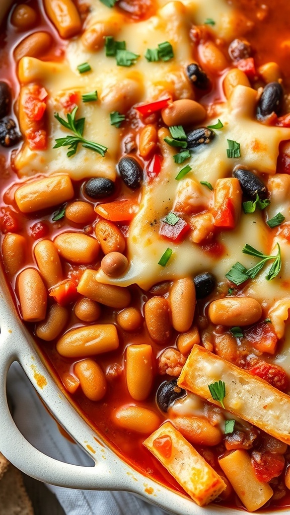 A hearty vegetarian three bean casserole with melted cheese, kidney beans, black beans, and green beans in a baking dish.